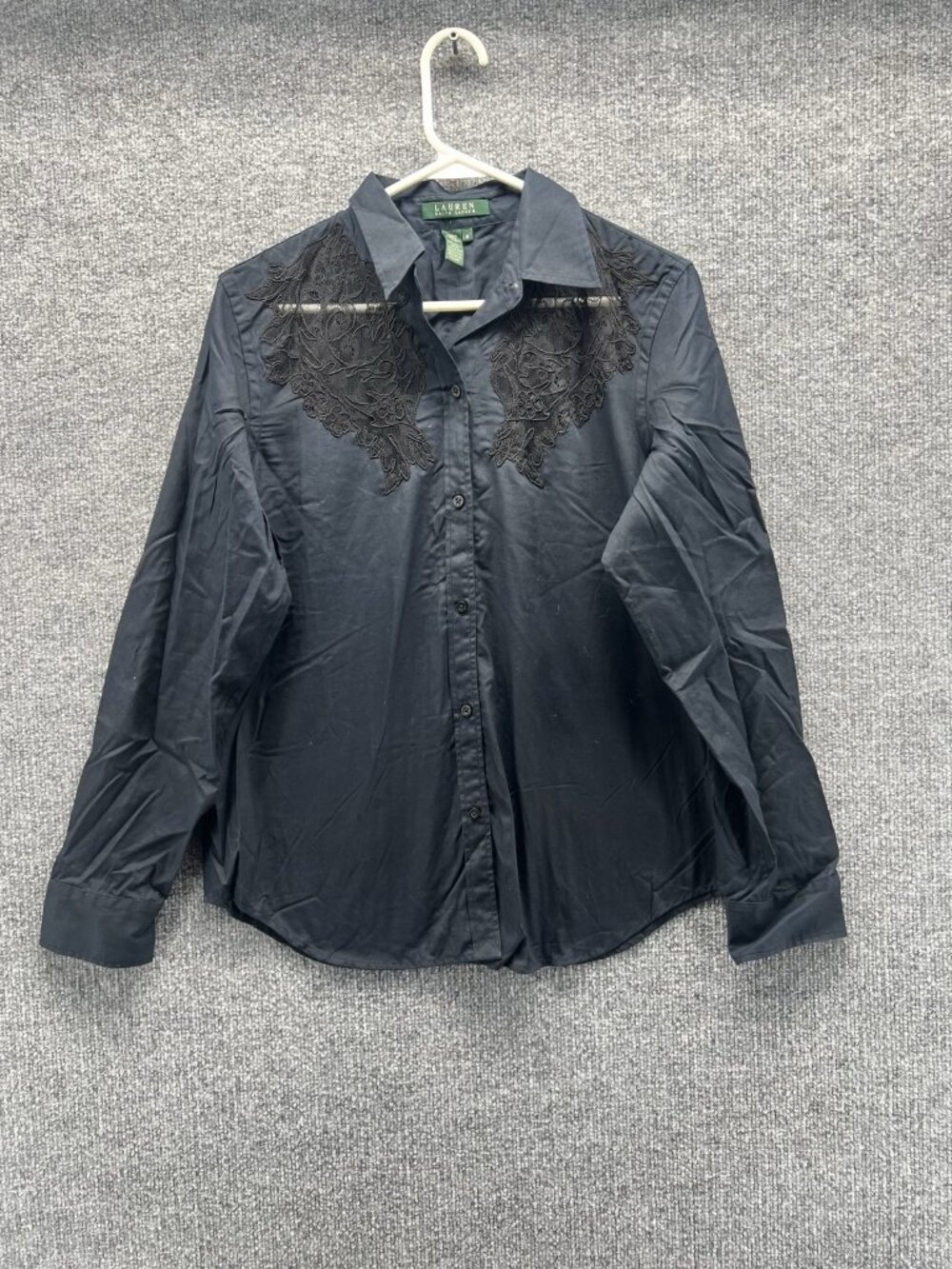Lauren Ralph Lauren Shirt Women Medium Black Collared Long Sleeve Lace Button Up
